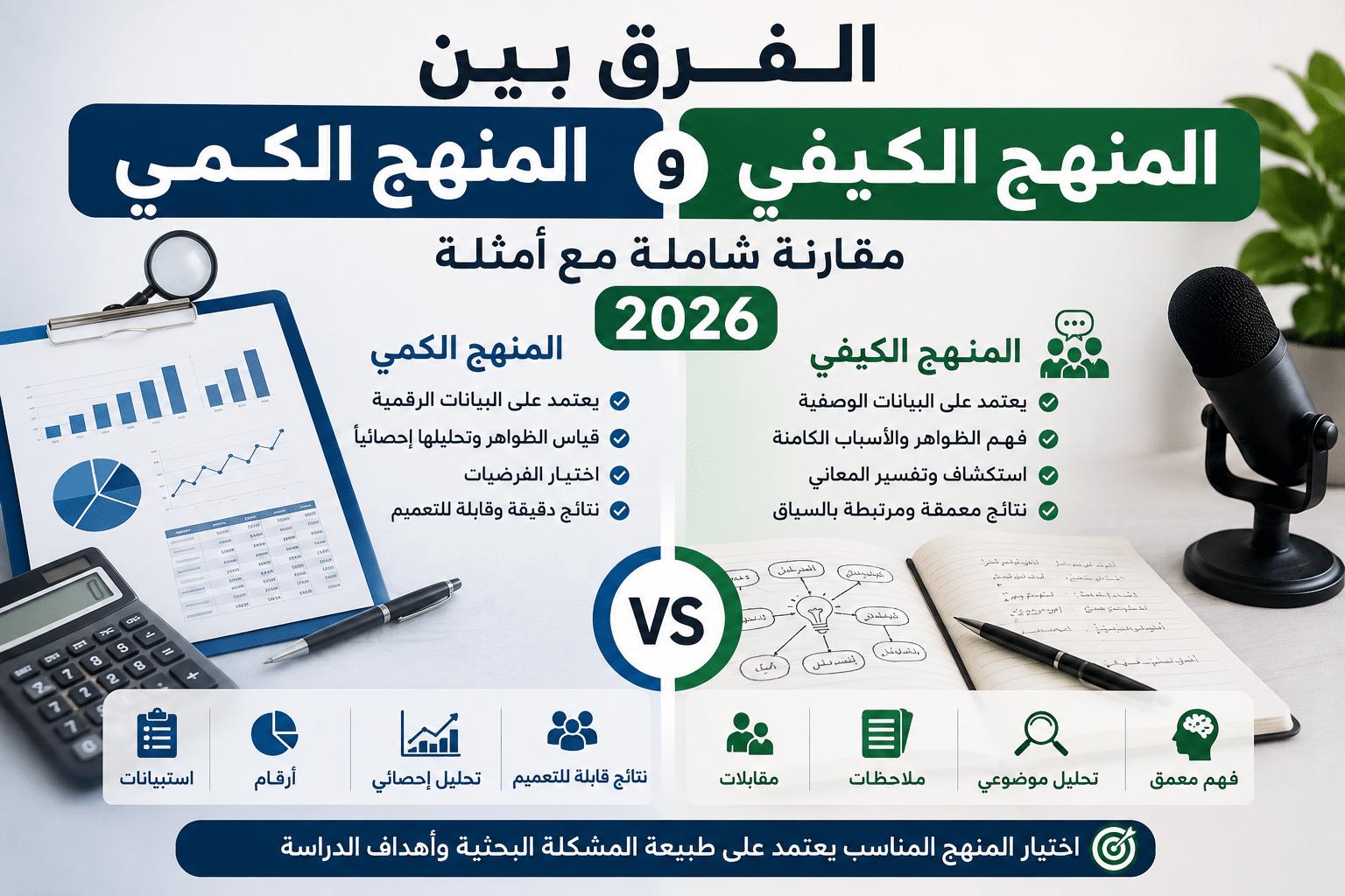 الفرق بين المنهج الكمي والمنهج الكيفي: مقارنة شاملة مع أمثلة 2026